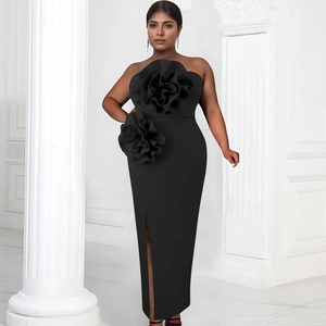 Elegant black strapless evening maxi dress featuring 3D floral accents and high side slit