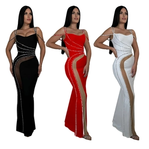 Sleeveless slimming evening gown with side mesh cutouts and rhinestones in three colors