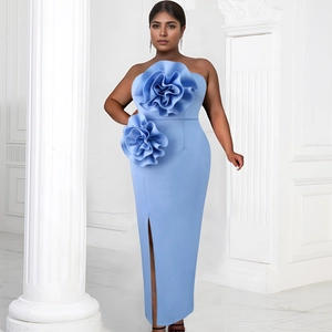 Elegant light blue strapless bodycon maxi dress with large 3D flowers and high side slit