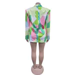 Rear view of a mid-length women's blazer featuring artistic colorful abstract brushstroke prints