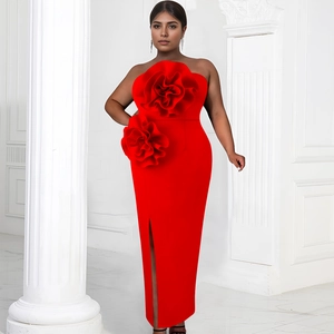 Elegant red strapless maxi dress with 3D floral accents and a high slit for formal events