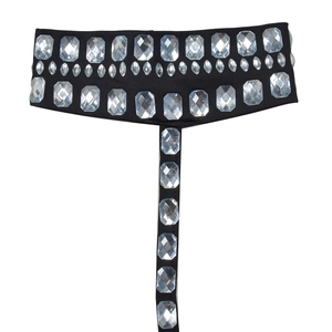 Détail d'une sangle en T élastique noire avec strass en cristal de luxe et texture gothique