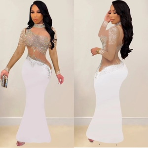 Elegant white mermaid long dress with sparkling rhinestones and sheer mesh bodice