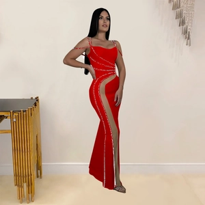 Elegant red mermaid evening dress with rhinestones and mesh cutouts for women