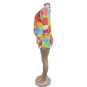 Side view of women's long sleeve blazer set with vibrant abstract oil painting prints
