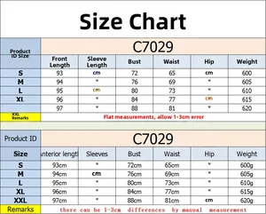 Detailed size chart for sleeveless midi dress C7029 with bust and waist measurements