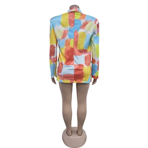 Rear view of long sleeve women blazer with colorful abstract oil painting brushstroke print