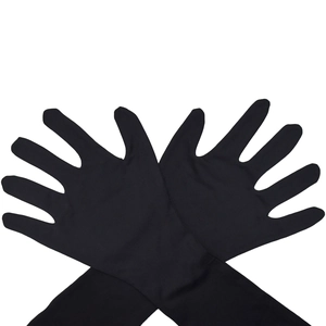 Detail of high-stretch black long five-finger gloves with elastic knit texture
