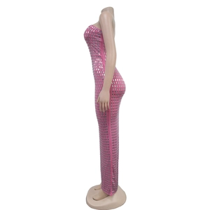 Close-up of pink strapless maxi dress with silver rectangular rhinestones and slim fit design