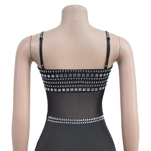 Detail view of the black mesh dress back showing silver rhinestones and adjustable straps