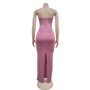 Detail of pink sleeveless maxi dress featuring silver sequins and a back zipper closure