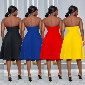 Detail view of high waist sleeveless A-line cocktail dresses in four vibrant solid colors