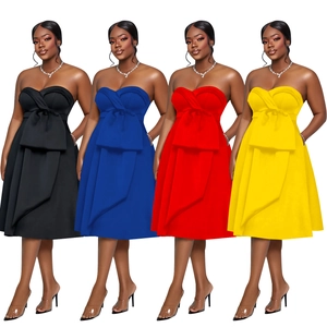 Detail of four sleeveless A-line cocktail dresses in satin fabric with large waist bows