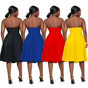 Sleeveless strapless midi dress for women in black, blue, red, and yellow colors