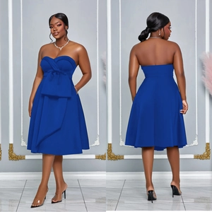 Elegant royal blue strapless midi dress with bow waist and pleated A-line skirt
