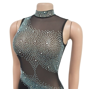 Detail of sheer black mesh sleeveless top featuring intricate silver rhinestone patterns