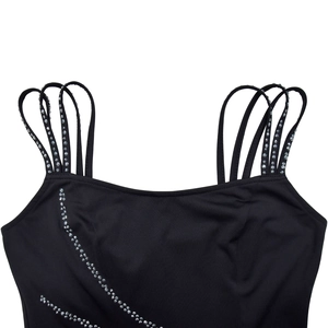 Detail of black dress with triple rhinestone straps and sparkling crystal neckline