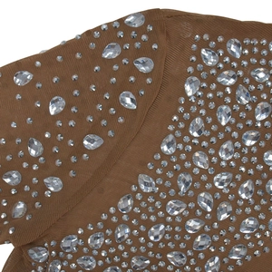 Detail of brown mesh fabric with high-quality rhinestones and teardrop crystals