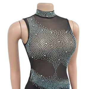 Detailed view of black sheer mesh dress with shimmering silver rhinestone patterns