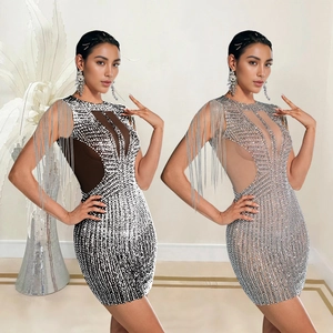 Elegant Mesh Rhinestone Fringe Bodycon Mini Dress Sexy Sleeveless Party Evening Clubwear Night Out Short Dress For Women