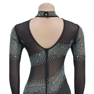 Detailed back view of a black sheer mesh dress featuring sparkling rhinestone patterns
