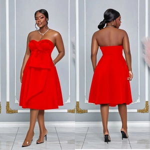 Elegant strapless red mid-length dress with a prominent bow and A-line silhouette