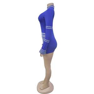 Detail of silver rhinestones on the sleeves of a blue bodycon jumpsuit for women