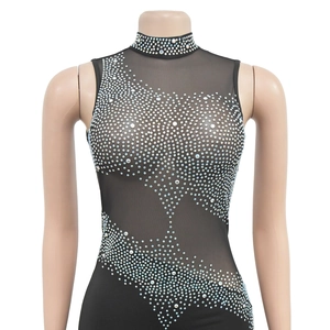 Close-up of sparkling silver rhinestones on sheer black mesh sleeveless turtleneck dress