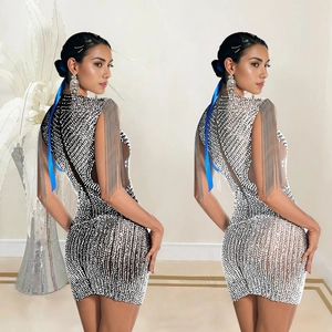 Women's tight sequin mini dress with fringe shoulders in black and silver