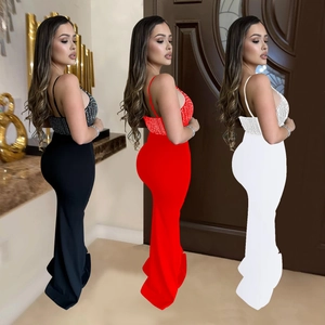 Sleeveless V-neck evening gown with sparkling rhinestones and a floor-length split hem