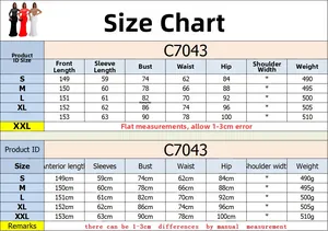 Detailed size chart for long sleeve maxi dress featuring chest and hip measurements