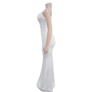 Detail of white sleeveless mermaid dress featuring intricate silver rhinestone embellishments