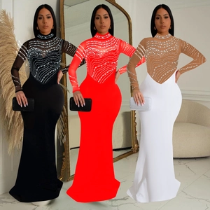 Women Elegant Mesh Splicing Maxi Dress Mock Neck Rhinestone Artificial Pearl Evening Gown Slim Fit Back Slit Formal Party Dress