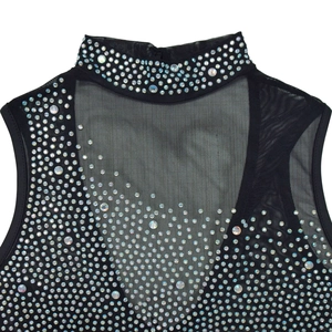 Detail of black mesh sleeveless top featuring intricate silver rhinestone collar and neck
