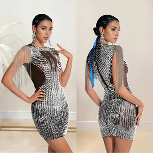 Elegant sleeveless bodycon mini dress with rhinestones and silver shoulder tassels