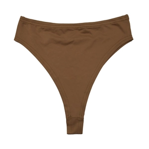 Detail view of brown high-waisted bikini bottoms with high-cut design and stretch fabric