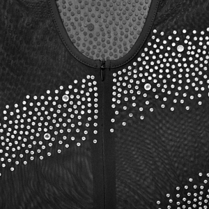 Detail of black mesh dress featuring silver rhinestones and high-quality zip closure