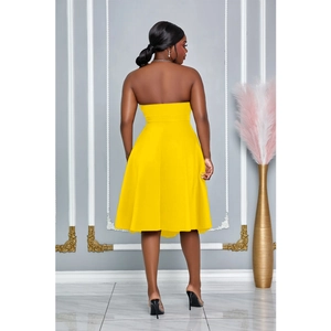 Rear view of bright yellow sleeveless tube midi dress with flattering A-line silhouette