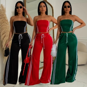Ensemble Pantalon Deux Pièces Décontracté pour Femmes Haut Tube Court Sans Bretelles et Pantalon Long à Jambes Larges Taille Haute Survêtement à Bandes Latérales