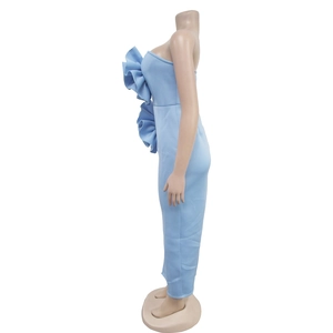 Detailed side view of light blue strapless maxi dress with side ruffle and split hem