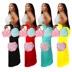 Slim fit maxi dress with 3D white floral decor in black, red, blue, and yellow colors