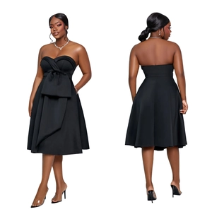Front and back views of a black strapless midi dress featuring a large bow on the chest