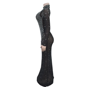 Detail of sheer black mesh dress with sparkling rhinestones and elegant mock neck