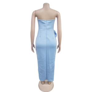 Detail view of light blue bodycon dress with side bow accent and hidden back zipper