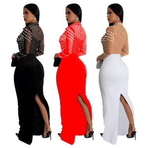 Elegant floor-length evening dress with mesh sleeves and pearl beadwork in multiple colors