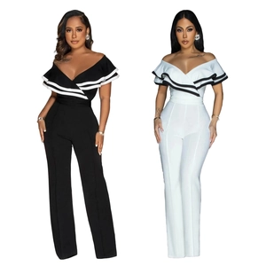 Detail of elegant off-shoulder jumpsuits with ruffled neckline and contrast stripe patterns