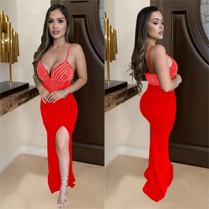 Elegant sleeveless V-neck long red dress with rhinestones and high slit for formal events