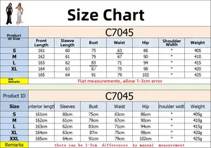 Detailed size chart for C7045 rhinestone split dress with S-XXL measurements in cm