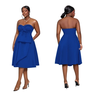 Front and back view of a royal blue strapless A-line midi dress with oversized bow detail