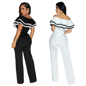 Sleeveless off-shoulder wide leg jumpsuit with ruffle neckline and waist tie